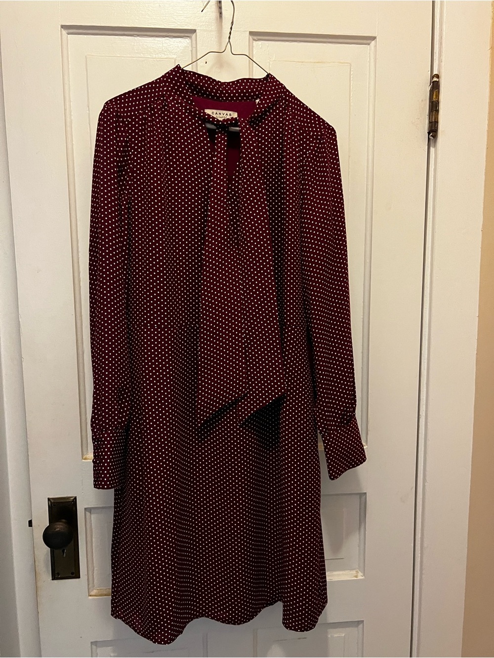 Lands' End Burgundy Polka Dot Long-Sleeve Tie-Neck Dress
